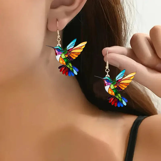 Kolorowe kolibry kolczyki | Białe złoto